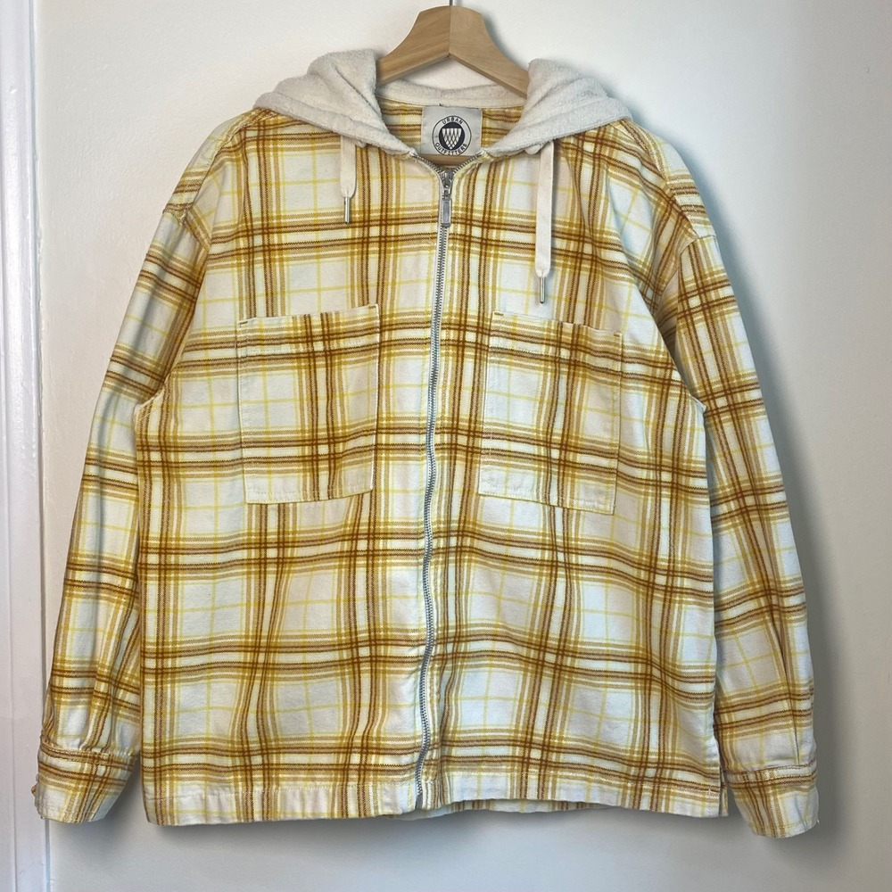 Urban Outfitters Plaid Canvas Jacket Mens Small Yellow Hooded Zip Up Grunge Core